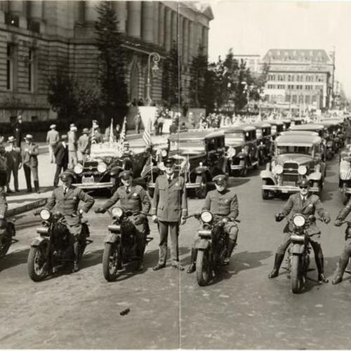 [Motorcycle unit at start of the motor caravan on Larkin Street celebrating the opening of the Bayshore Highway, October, 20th, 1929]