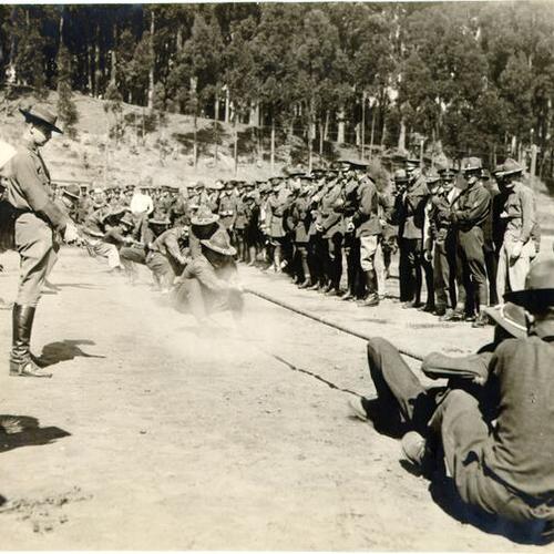 [Soldiers competing in a "tug of war" at the Presidio]