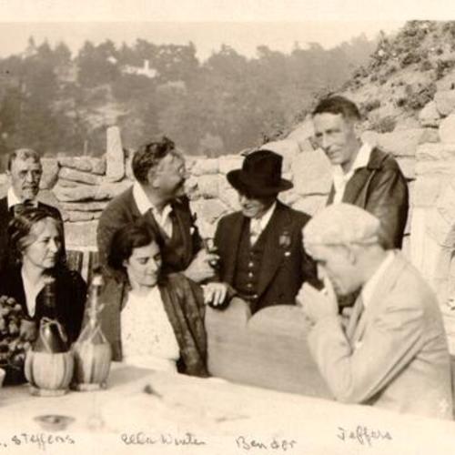 [Lincoln Steffens, Ella Winter, Albert Bender, Robinson Jeffers and others at an outdoor gathering]