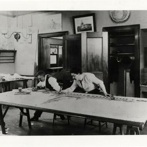 [Arthur Page Brown with  A. C. Schweinfurth in Rm. 238 of Crocker building, drafting plan for Grand Market in Lima, Peru]