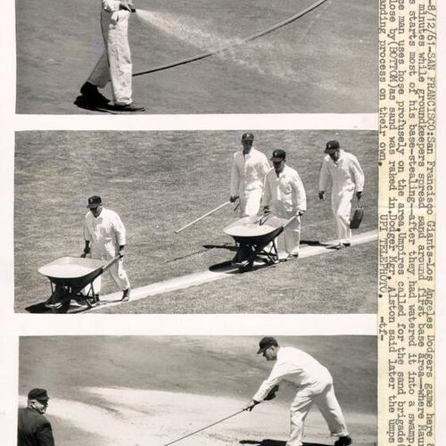 [Groundskeepers working on Candlestick Park's field]