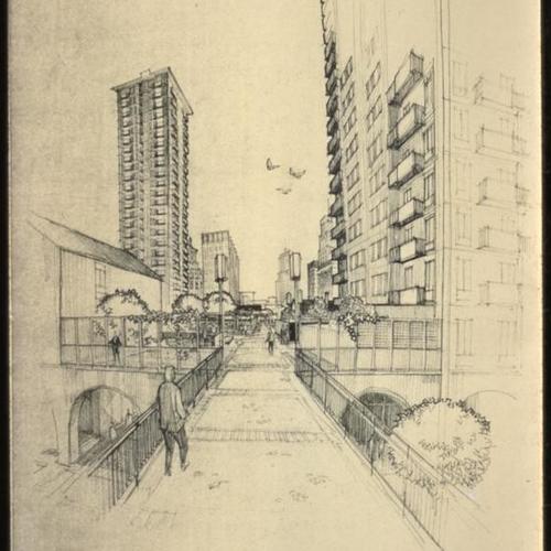 Architectural drawing of plaza and elevated walkway over Jackson Street
