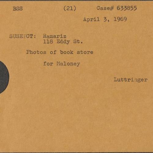Envelope for Bureau of Special Services (BSS), Book Mart, 118 Eddy Street
