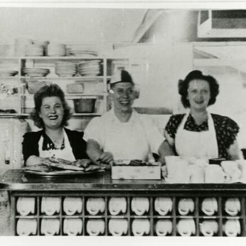 [Tillie, Harry and Edna working at The Wagon on Post Street]