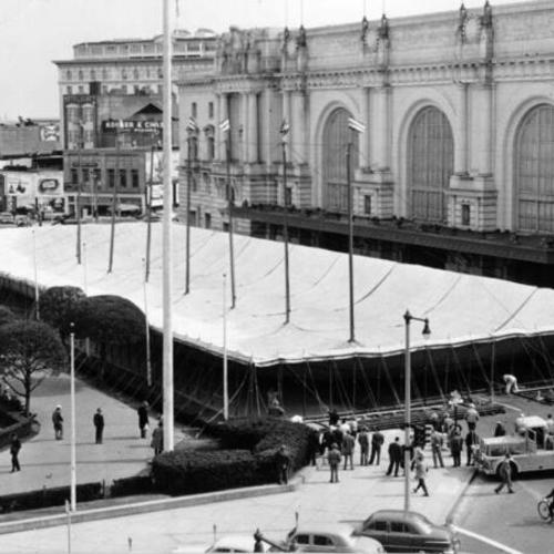 [Large tents outside the Civic Auditorium]