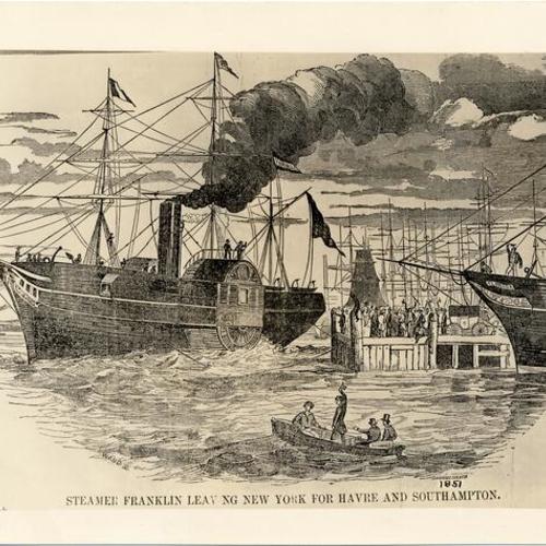 [Drawing of paddle wheel steamer "Franklin" leaving New York for Havre and Southampton]