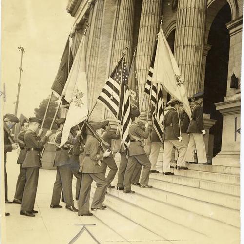 [R. O. T. C. color guard on the steps of St. Ignatius Church at the University of San Francisco]
