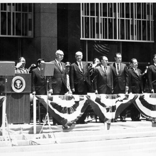 [Mayor John F. Shelley, President Lyndon Johnson and Governor Edmund G. Brown at a dedication ceremony for the Federal Building on Golden Gate Avenue]