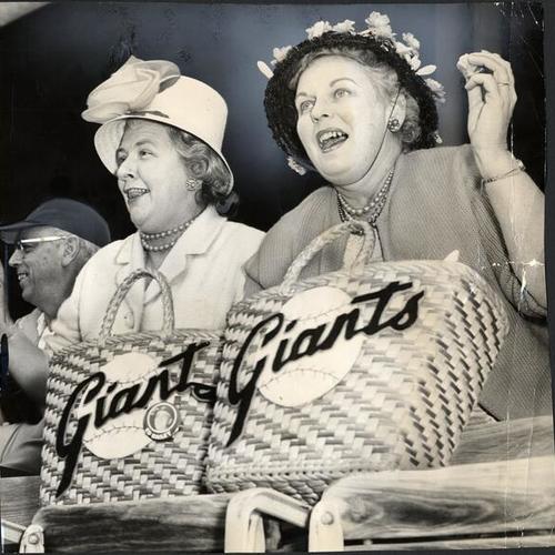 [Mrs. Hobart Keily and Mrs. James Thompson at the Giants' opener]