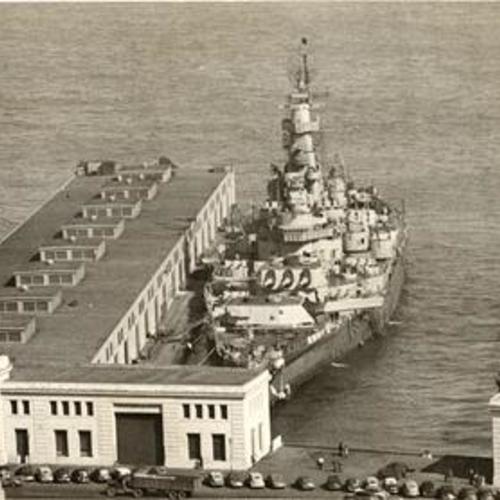 [Three battleships, the Indiana, the Massachusetts and the Alabama, docked at the Embarcadero]