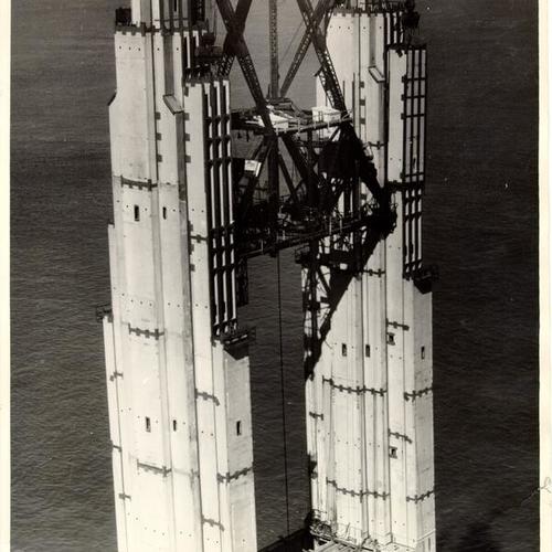 [Upper section of Golden Gate Bridge south tower under construction]