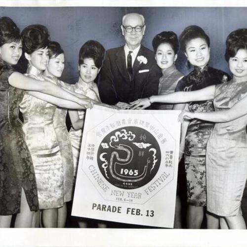 [Mayor John F. Shelley with seven contenders in the "Miss Chinatown U. S. A." contest]