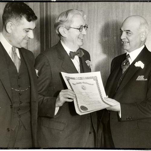 [Mayor Rossi, right, proclaiming Motion Picture Unemployment Relief Day]