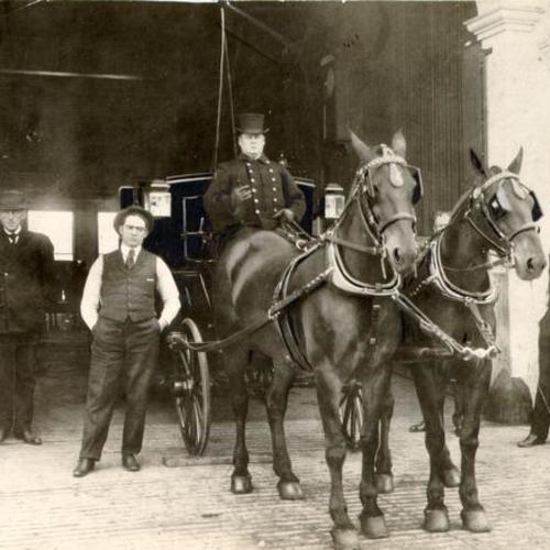 [Group of men posing with a horse drawn carriage]