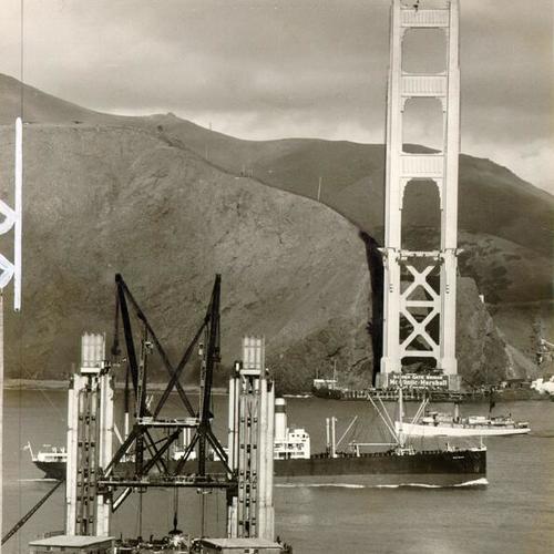 [View of the Golden Gate Bridge while under construction]