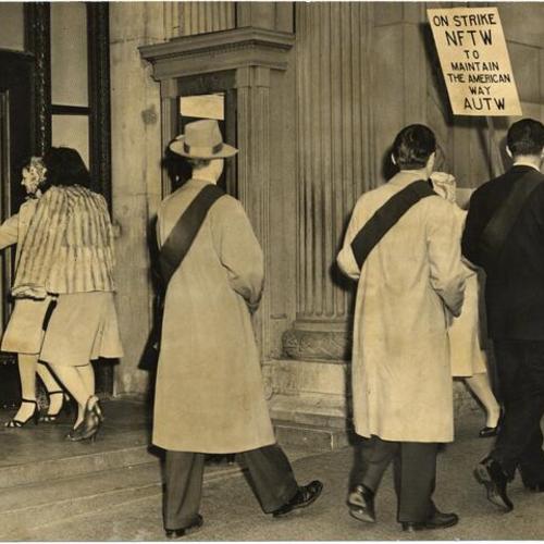 [Two telephone operators crossing picket line at 333 Grant Avenue]