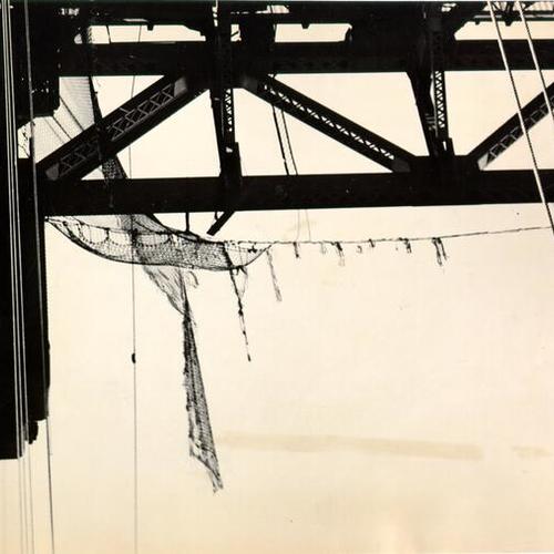 [View of the Golden Gate Bridge after an accident occurred in which ten construction workers were killed when a work platform collapsed and ripped through a safety net]