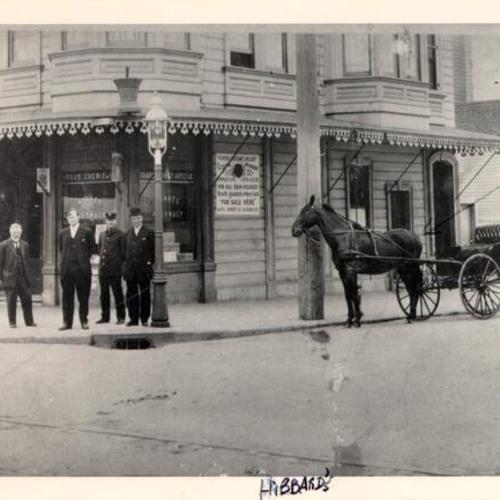 [Five men and a horse drawn carriage on the northeast corner of Folsom and 22nd streets]