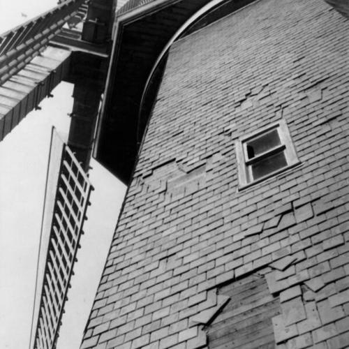 [Closeup view of damaged windmill in Golden Gate Park]