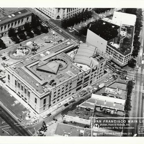 [Aerial view at construction of new Main Library exterior]