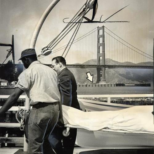 [Body of Hickman Price III being removed from Coast Guard station at the Presidio after it was found in the south tower moat of the Golden Gate Bridge]