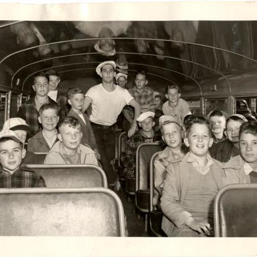 [Boys Club members and campership boys in the bus for trip to Camp Marwedeland in Mendocino County]