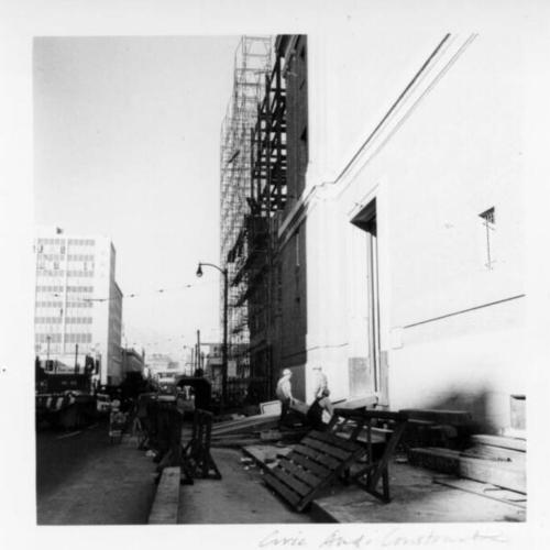 [Construction on the exterior of the Civic Auditorium]