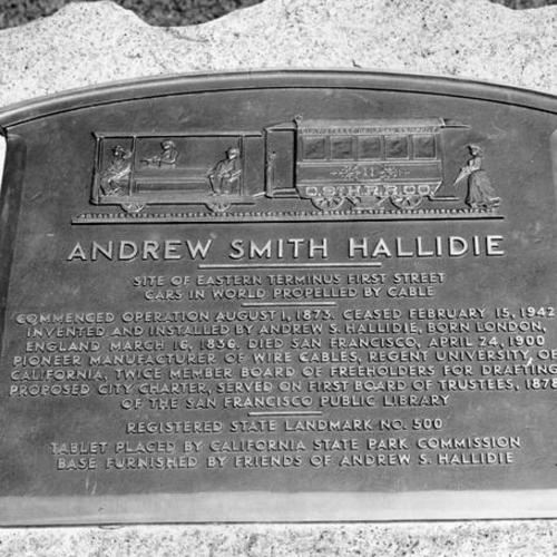 [Plaque commemorating Andrew Smith Hallidie, inventor of the cable car]