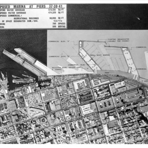 [Aerial view of the San Francisco waterfront with graphic showing proposed marina at Piers 37-39-41]