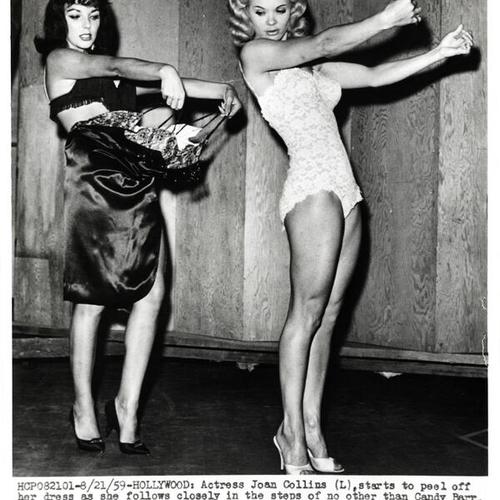 [Actress Joan Collins working with stripper Candy Barr]