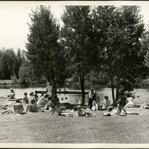 [Families relaxing on the banks of Birch Lake, Camp Mather]