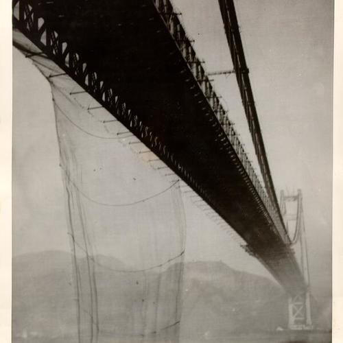 [View of the Golden Gate Bridge after an accident occurred in which ten construction workers were killed when a work platform collapsed and ripped through a safety net]