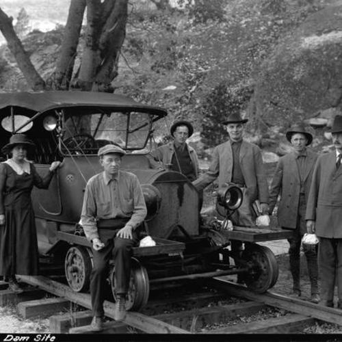 [Hetch Hetchy Railroad: Dam Site with Group Alongside, Auto Equipped]