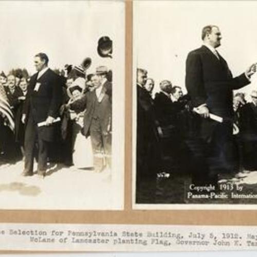 Site selection for Pennsylvania State Building, July 5, 1912. Mayor Frank McLane of Lancaster planting flag, Governor John K. Tanner, right