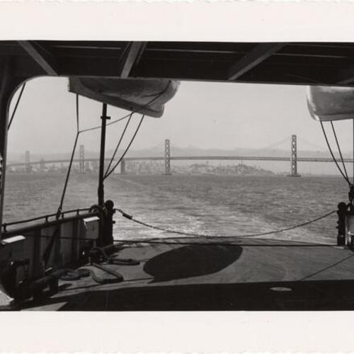 [View of the Bay Bridge from the interior of the ferryboat "Berkeley"]