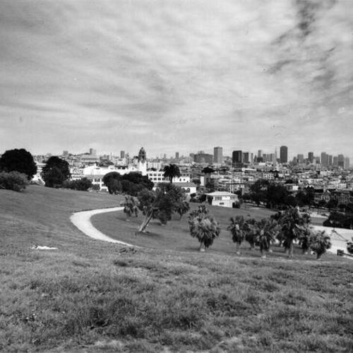 [View of Mission High School from Dolores Park]