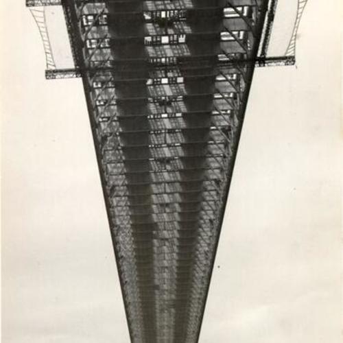 [View of underside of the Golden Gate Bridge while it was under construction, showing safety net used to protect workers]