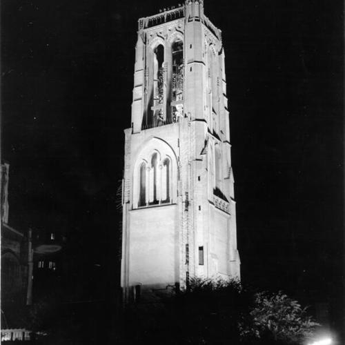 [Tower of Grace Cathedral lit up in honor of the church's golden anniversary]