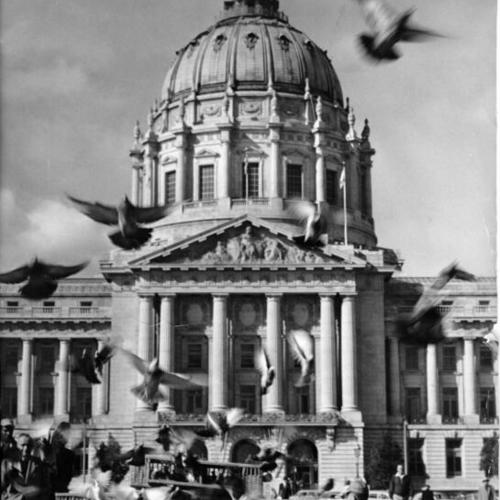 [Pigeons being released from cages in Civic Center Plaza]