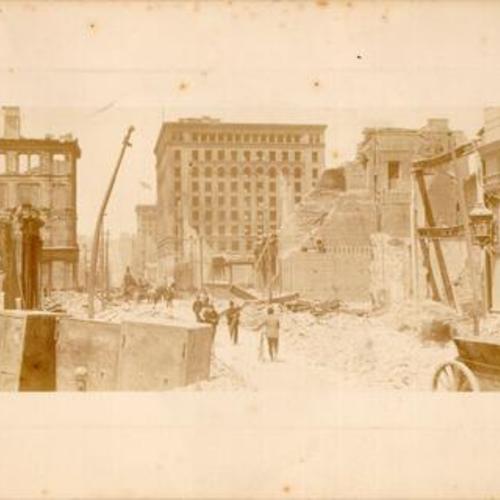 [Montgomery street looking north from Market, the Mills and Hayward Buildings in distance]