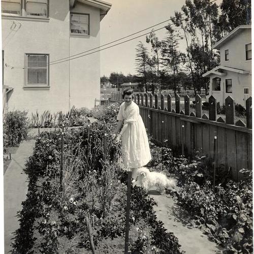 [Woman and dog in W. A. Remensperger's war garden on Southwood Drive in Westwood Park]