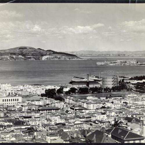 [View of  the Marina district with Alcatraz and Angel Island in the background]