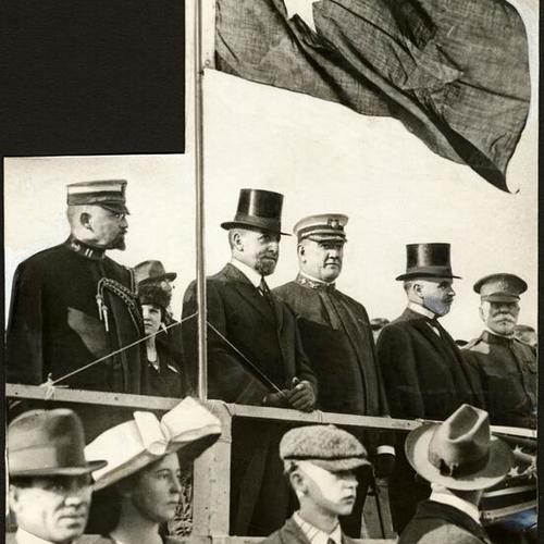 [Superior Judge Thomas Graham (left) and Mayor James Rolph, Jr. (right) at parade for departing draftees]