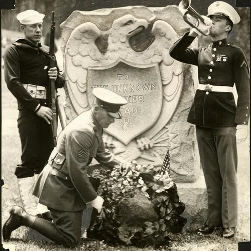 [Military ceremony at the monument to the Unknown Soldier at the Presidio of San Francisco]