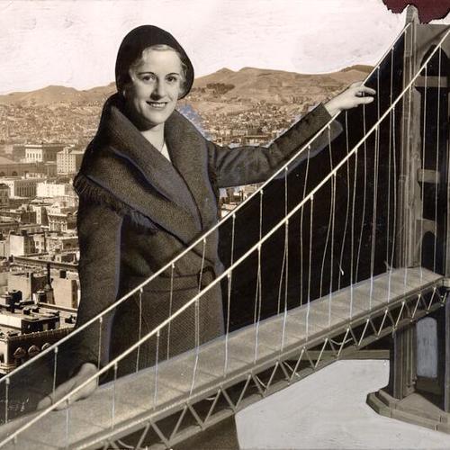 [Patricia Wilson displaying a miniature model of Golden Gate Bridge]