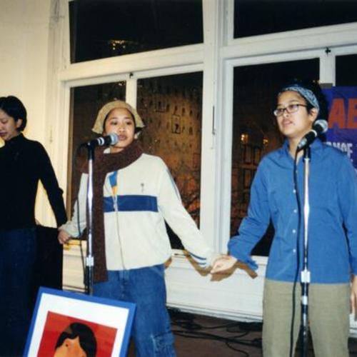 [Jocelyn, Irene and Lily at a Anti sex-trafficking protest poetry reading on Market Street]
