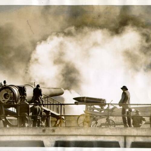 [Coastal Defense gun being fired at Fort Barry]