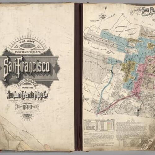 03(Title Page San Francisco Sanborn Insurance Maps.) Volume One Insurance Maps. San Francisco, California. Published by Sanborn-Perris Map Co. Limited, 115 Broadway, New York. 1899. Scale, 50 Ft. to an Inch. Copyright 1899, by the Sanborn-Perris Map Co. L
