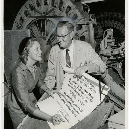 [Christine and Roy Falkenberg at the American Can Company manufacturing plant]