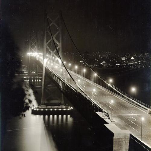 [Night view of San Francisco-Oakland Bay Bridge looking toward San Francisco from Yerba Buena Island]